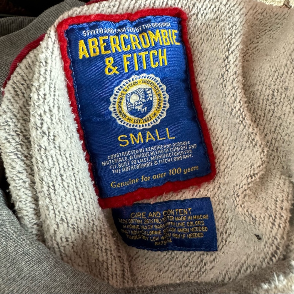 VTG Y2K A&F Abercrombie & Fitch Hoodie Pullover Sweatshirt Grey Fleece Lined Red - Picture 10 of 10